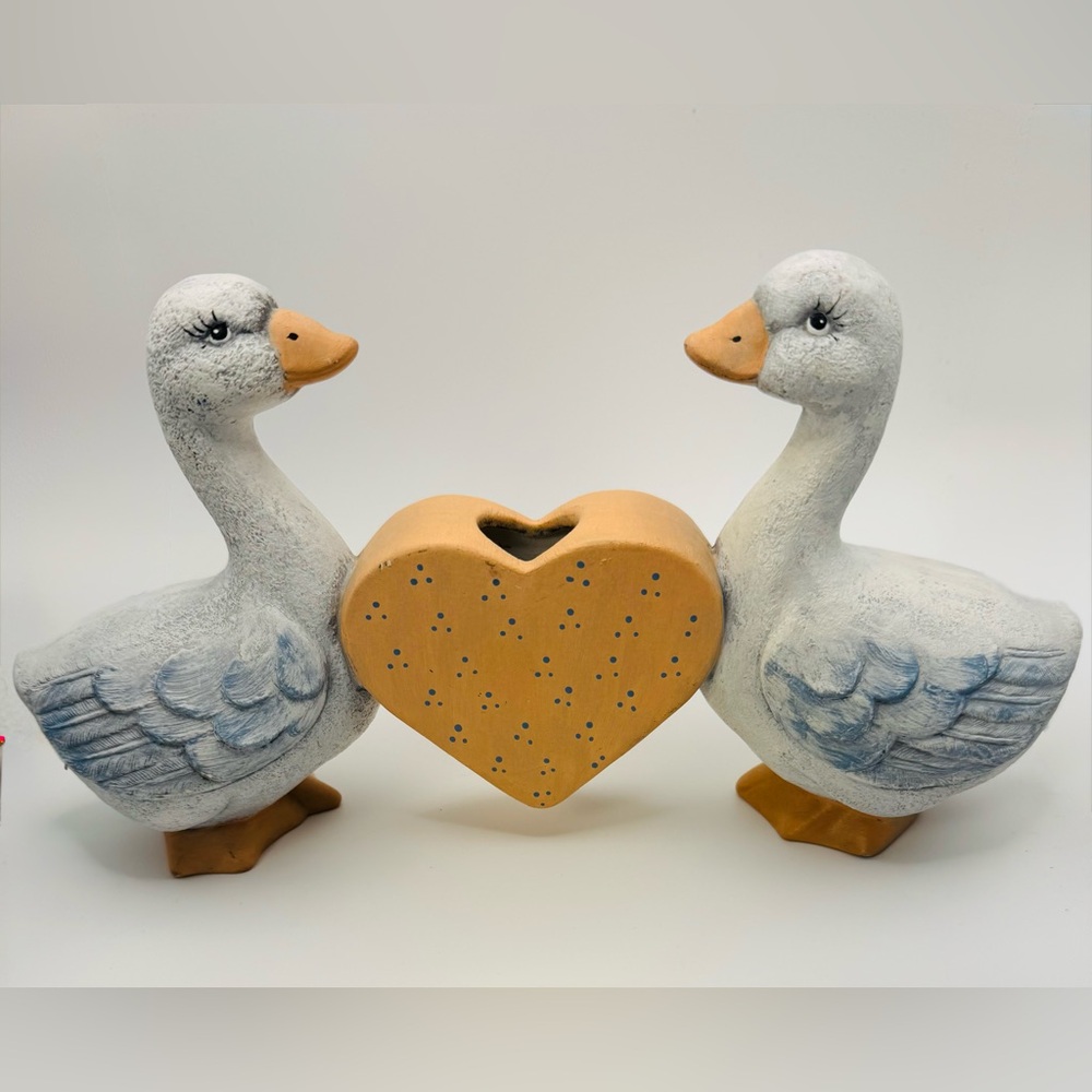 Vintage Ceramic Goose Heart Vase Planter Farmhouse Cottage Decor Blue Cream
